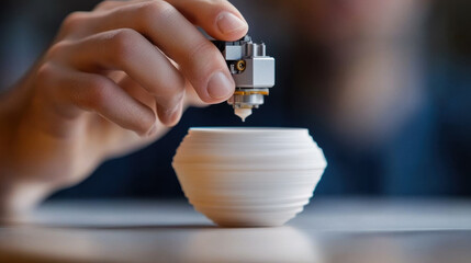 3D printing technology is showcased as hand operates printer nozzle above white, layered bowl. intricate process highlights innovation and creativity in manufacturing