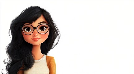 Obraz premium A friendly, cute girl wearing glasses is set against a plain white background. This versatile character graphic provides plenty of space for text, making it ideal for posters or promotional materials.