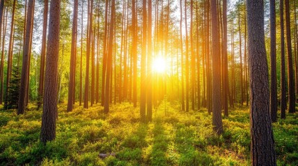 Obraz premium A quiet scene of the Russian taiga forest in summer, with thick trees and sunlight filtering through.