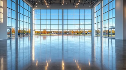 an empty concrete showroom floor bathed in soft natural light with hints of blue sky and urban cityscape visible through expansive windows creating an inviting space for car displays
