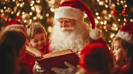 Santa Reading a Story to Children Surrounded by a Festive Christmas Tree in Winter