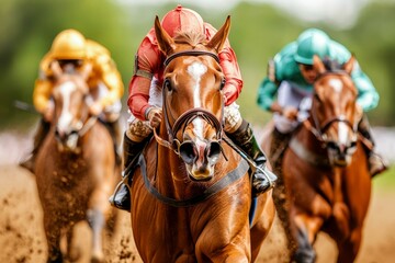Exciting horse racing action with jockeys competing on a dirt track.