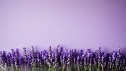 Naklejka premium Immerse yourself in the calming effect of a lavender pastel purple aesthetic background, enhanced with delicate lavender flowers, offering a dreamy and tranquil visual experience