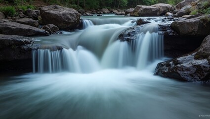 Tranquil waterfall cascading over rocks in long exposure shot