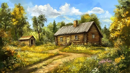 Fototapeta premium A traditional Russian dacha (summer house) set in a picturesque rural landscape.