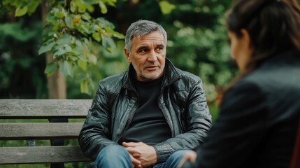 Fototapeta premium Middle-aged man sits on a park bench, chatting with a woman, green foliage in the background, natural daylight