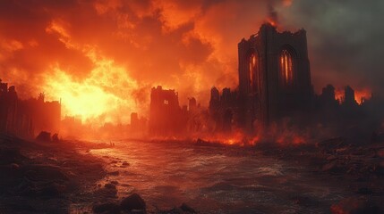apocalyptic scene depicting the end of the world with a dramatic sky and ruins in the foreground evoking a sense of despair and eerie loneliness