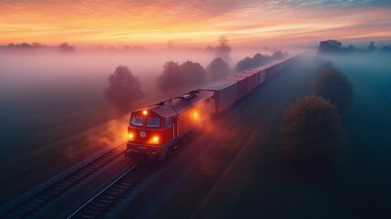 A freight train moves quietly along its tracks through a foggy countryside as the sun begins to rise, illuminating the sky with warm colors.