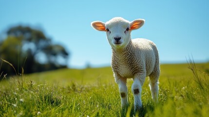 Fototapeta premium Single lamb in a grassy field, clear blue sky background, focus on the lamb.