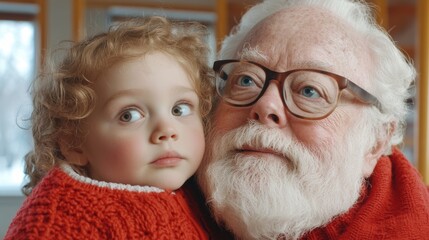 Grandfather and granddaughter share a tender moment in cozy red sweaters, AI