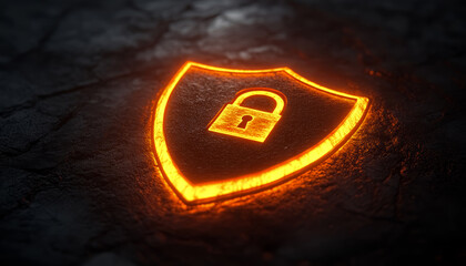 Glowing neon lock shield icon. Concept of cyber ​​security and data protection, internet network security, data security encryption, protect business and financial transaction data from cyber attack. 