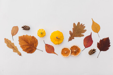 Autumn holiday frame composition with pattern made of leaf, punpkins, dried orange, pine cone on...