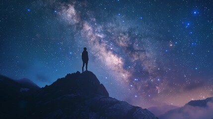 Milky Way arch and man on the mountain peak at starry night. Silhouette of alone guy, blue sky with bright stars in summer. Galaxy. Space background. Landscape with arched milky way. Travel and nature