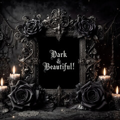 Gothic postcard design with black roses and ornate frame on dark background for artistic expressions