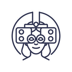 Illustration of a person using a phoropter for an eye exam, symbolizing vision testing.