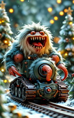 Christmas New Year dressed up little monsters with Christmas trees on transport in Christmas dressed up woods