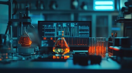 A dimly lit laboratory workspace with scientific equipment and glowing liquid in beakers