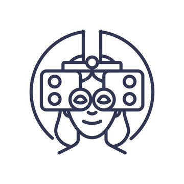 recommend clip art: Illustration of a person using a phoropter for an eye exam, symbolizing vision testing.
