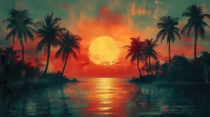 artistic summer collage showcasing palm trees and beach scenery in sunset hues blending vintage charm with vibrant tropical colors and textures