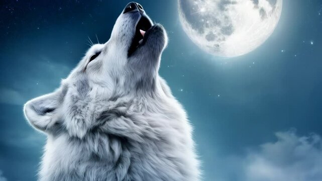 A stunning wolf calls out during a full moon, surrounded by shimmering stars in a clear night sky