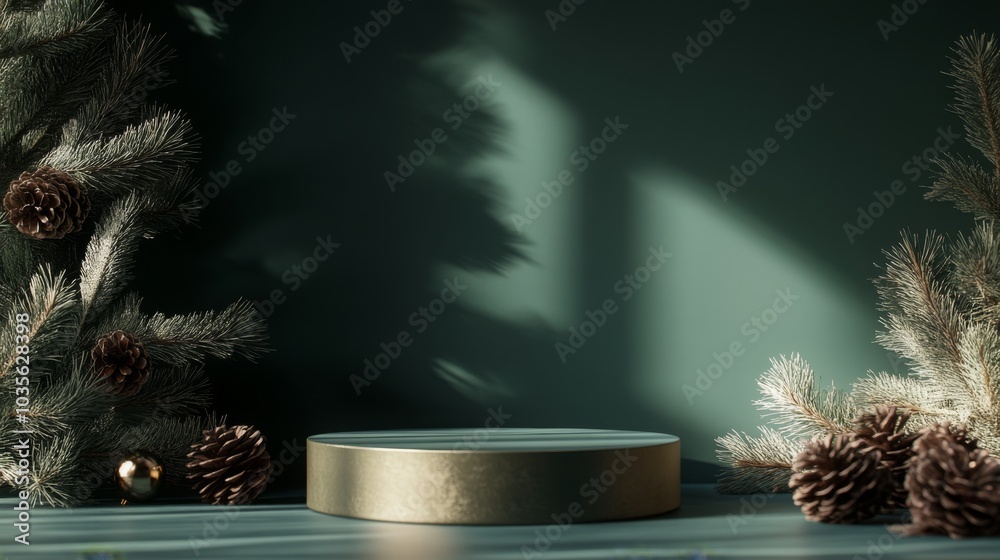 Poster A serene winter setting showcases a round pedestal surrounded by pine cones and evergreen branches, creating a seasonal atmosphere. Soft shadows add depth, enhancing the tranquil scene.