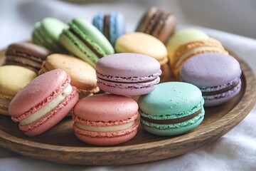 Obraz premium Multi colored macaroons on a wooden plate. Flat lay french dessert