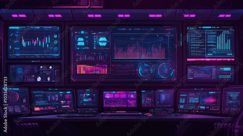 Poster a futuristic command center with multiple computer screens displaying data and graphs in neon blue a
