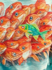 Fototapeta premium Colorful fish illustration featuring vibrant orange fish and a bright green fish.