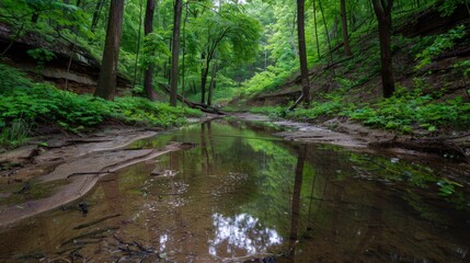 Tranquil Forest Stream Reflecting Lush Greenery