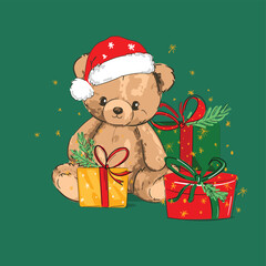 christmas background with teddy bear hand drawn cute illustration vector sketch illustration