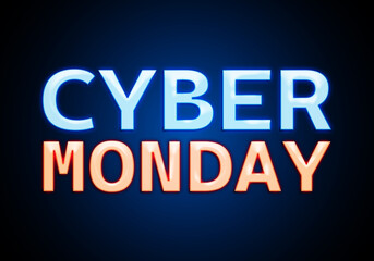 Cartel de Cyber Monday de neón azul y rojo sobre fondo de pared azul 