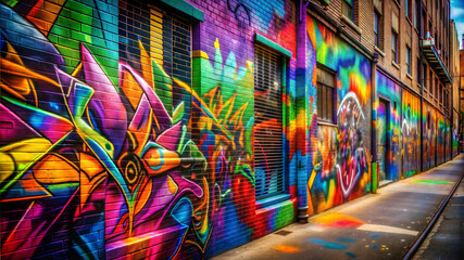 Vibrant street art mural on urban wall with colorful graffiti and artistic expressions
