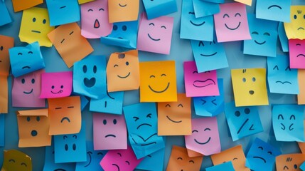 Mind, Mental Health Concept. Varieties of Mood and Emotion Inside Out. many Sticky Notes on Board with Handwriting Cartoon Emoticon Face