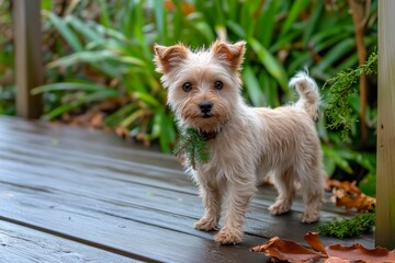 A Small Dog With a Playful Expression Stands on a Wooden Deck Surrounded by Greenery