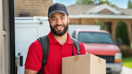 A delivery driver in a red shirt and cap stands at a home entrance, presenting a package with a welcoming smile in bright daylight