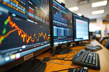 Dynamic Trading Setup with Multiple Monitors Displaying Stock Market Data