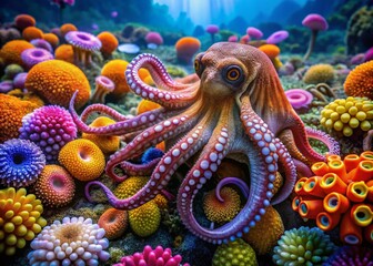 Vibrant Octopus Silhouette Among Sea Anemones - Marine Life Beauty