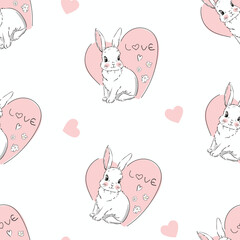 Hand Drawn Cute Bunny and pink hearts Pattern, print design rabbit background, children print textile design, seamless pattern rabbits