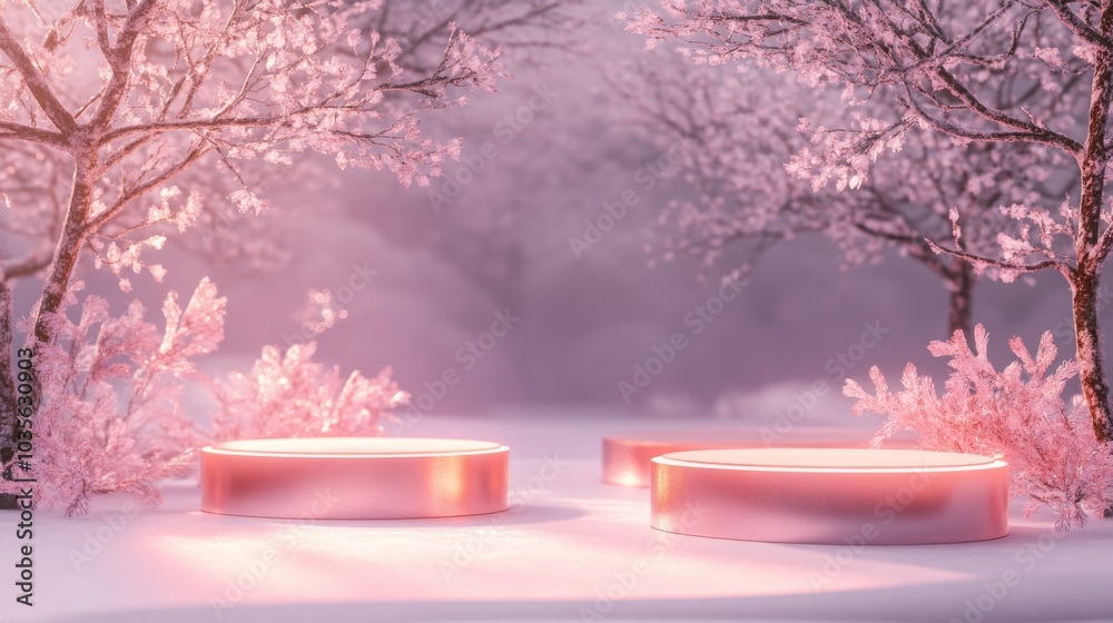 Poster a tranquil winter setting features delicate pink cherry blossom trees surrounding glowing circular p