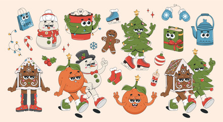 Big Christmas sticker collection in trendy retro groovy style. Cartoon characters and elements - snowman, christmas tree, mittens, tangerine, gingerbread house, book.