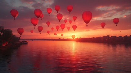 Fototapeta premium A vibrant sunset sky over a river with a large number of hot air balloons rising above.