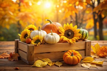 Autumn Harvest: Wooden Box with Pumpkins and Sunflowers for Fall Decor