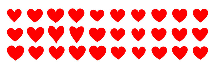 A Set of Thirty Heart Shaped Red Love Symbols Isolated on White