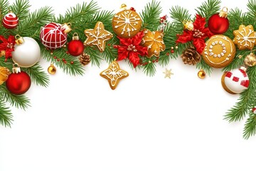 Festive christmas border with decorative ornaments cookies