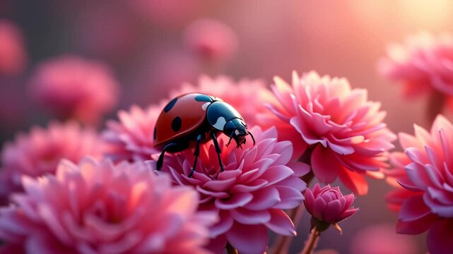 Cute ladybug on pink flowers