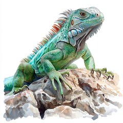Obraz premium Colorful Iguana on White Background Watercolor Portrait