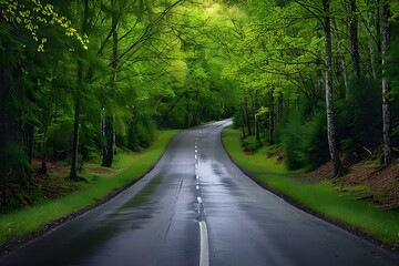 Fototapeta premium Serene Curved Road Through Lush Green Forest