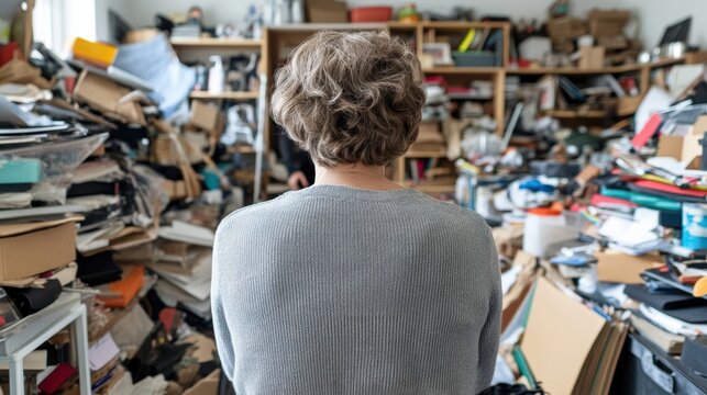 A person stands in a cluttered room filled with various items and papers, AI