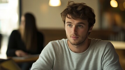 Fototapeta premium young man at a round table, focused in discussion, soft background blur