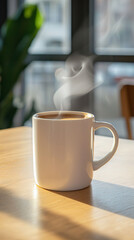 Fototapeta premium steaming cup of coffee sits on wooden table, illuminated by morning sunlight streaming through cozy cafe window, creating warm and inviting atmosphere